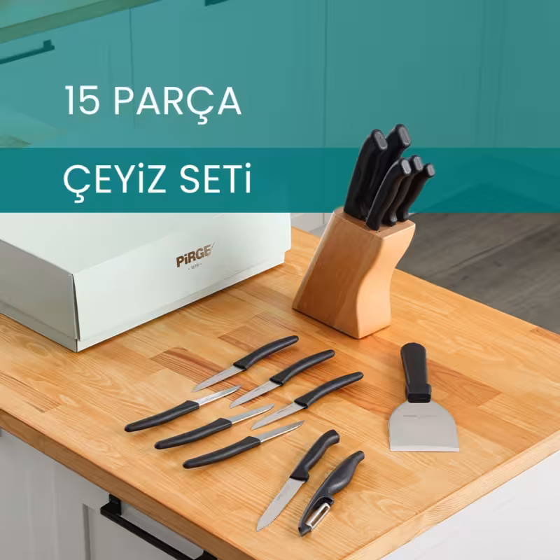 ست چاقوی جهیزیه Pirge مدل 15 پارچه | شامل 5 چاقوی آشپزی حرفه‌ای سری Ecco با پایه چوبی طبیعی | 6 عدد چاقوی میوه‌خوری با تیغه ضدزنگ | پوست‌کن ارگونومیک | چاقوی دندانه‌دار مخصوص برش نازک گوجه‌فرنگی | اسپاتولای متوسط برای سرو شیرینی | طراحی کامل برای جهیزیه و آشپزخانه خانگی | تیغه‌ها از فولاد ضدزنگ با دوام بالا | دسته‌های پلاستیکی PP با طراحی خوش‌دست | قابل شست‌وشو دستی