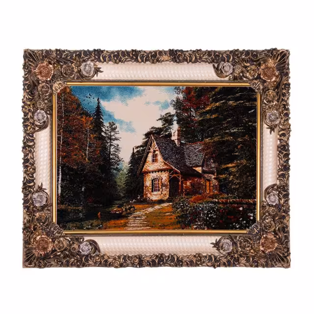 تابلو فرش ماشینی دنیای فرش طرح خانه ای در جنگل کد 303