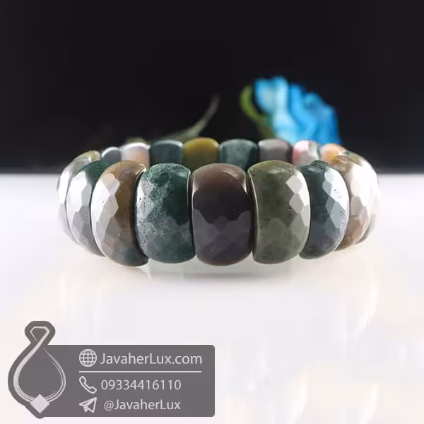 دستبند عقیق خزه ای تراش جواهری _ کد : 400790