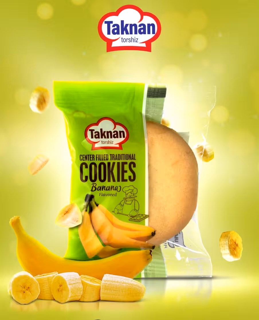 کلوچه 90 گرمی تکنان با طعم موز بسته 40 جفتی