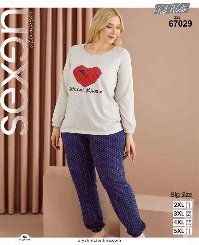 ست راحتی سایز بزرگ زنانه طرح قلب قرمز کد 67029