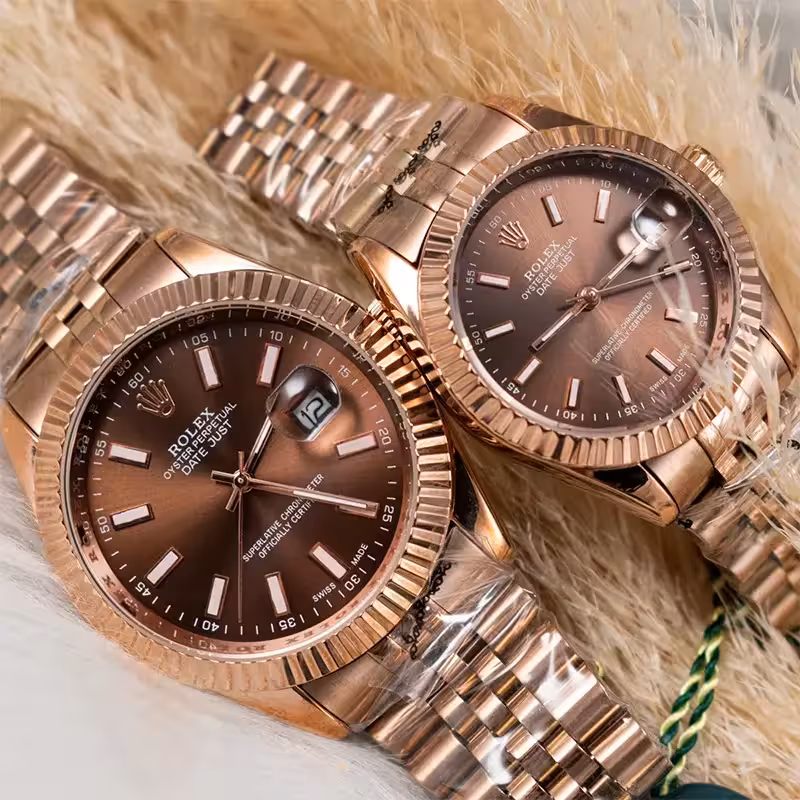 ست ساعت مچی عقربه ای رولکس قهوه ای رزگلد مدل R201