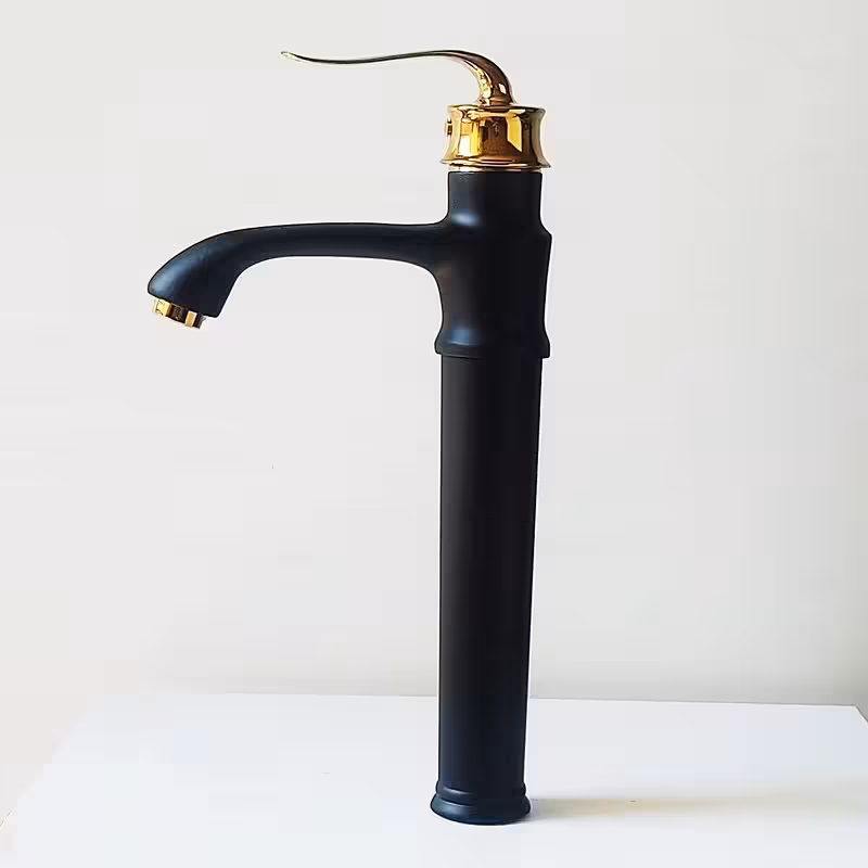 شیر روشویی پایه بلند مدل بامبو مشکی طلایی