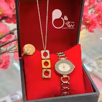 ست ساعت زنانه و گردنبند سه رنگ و انگشتر