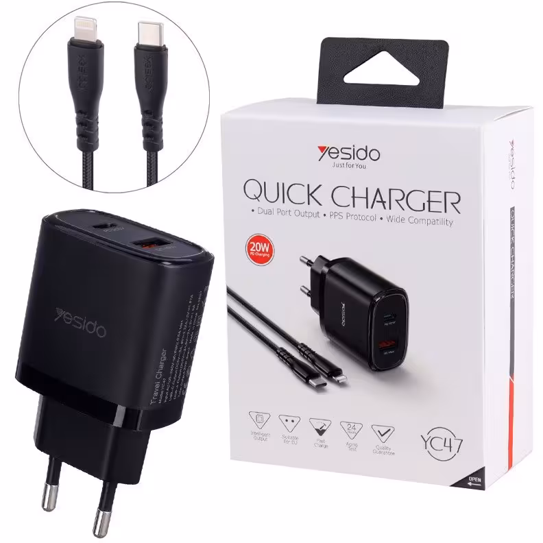 شارژر دیواری فست شارژ یسیدو مدل YC47 با توان خروجی 20 وات به همراه کابل تبدیل تایپ سی به لایتنینگ