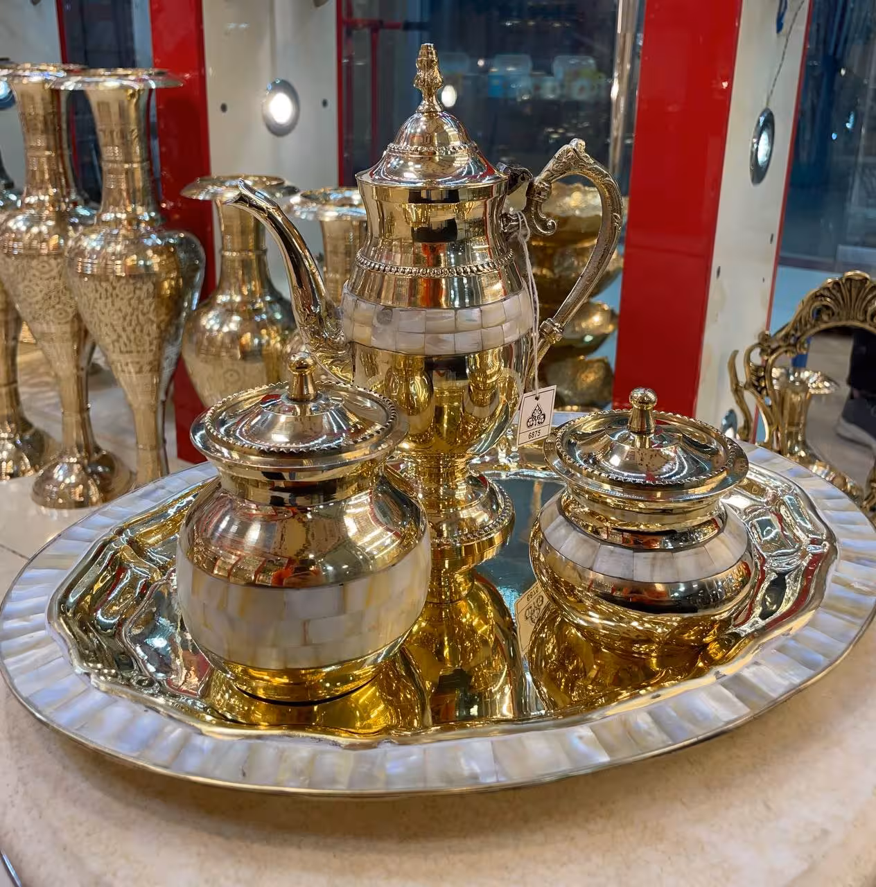 ست صبحانه طرح انگلیسی برنجی هندی صدفکاری شده