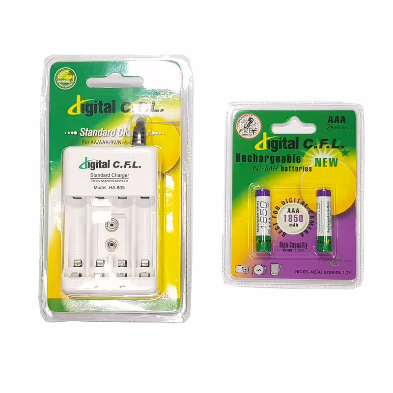 شارژر باتری سی‌اف‌ال مدل HA-805 همراه 2 باتری نیم‌قلمی شارژی 1850mAh