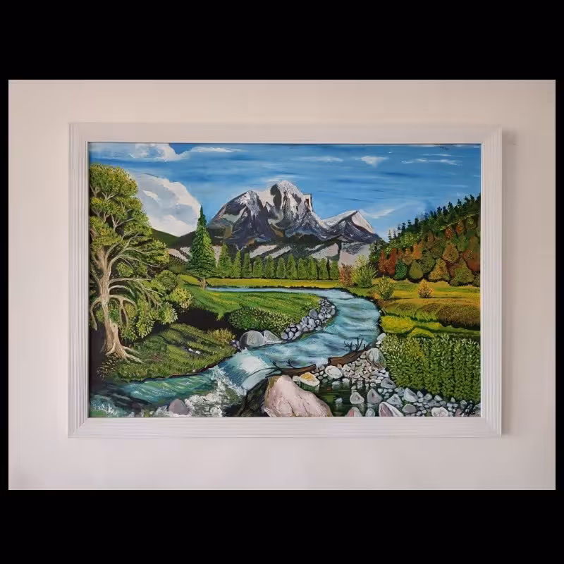 تابلو نقاشی رنگ روغن منظره کار دست سایز 80در100 همراه با قاب سفید کبریتی