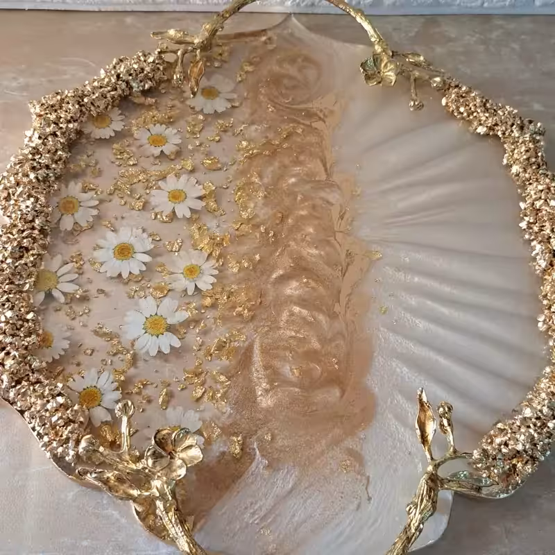 سینی رزینی کار شده با بابونه و سنگ ژئود قطر30