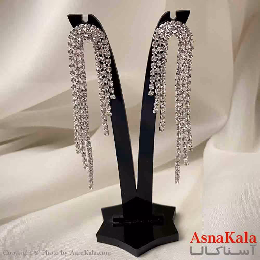 گوشواره آویز جواهری مدل سه ریسه ای رنگ نقره ای کد GSH151949W