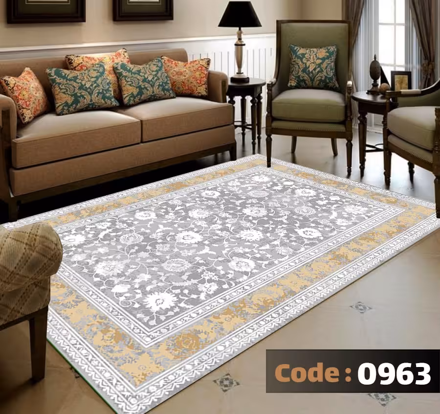 کاورفرش روفرشی دورکشدار گوشه لیفه ای طوسی کرم کد 0963