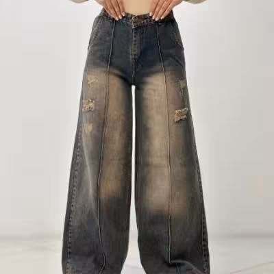 شلوار فول بگ وسط دوخت قهوه ای زاپ دار