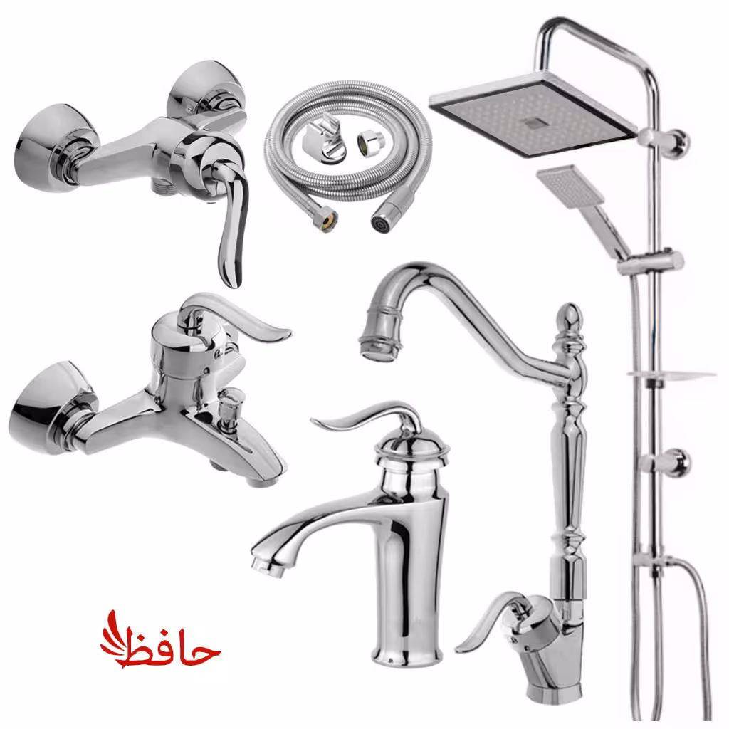 ست شیرآلات مدل قاجاری همراه با روشویی پایه بلند و علمدوش حمام دوکاره