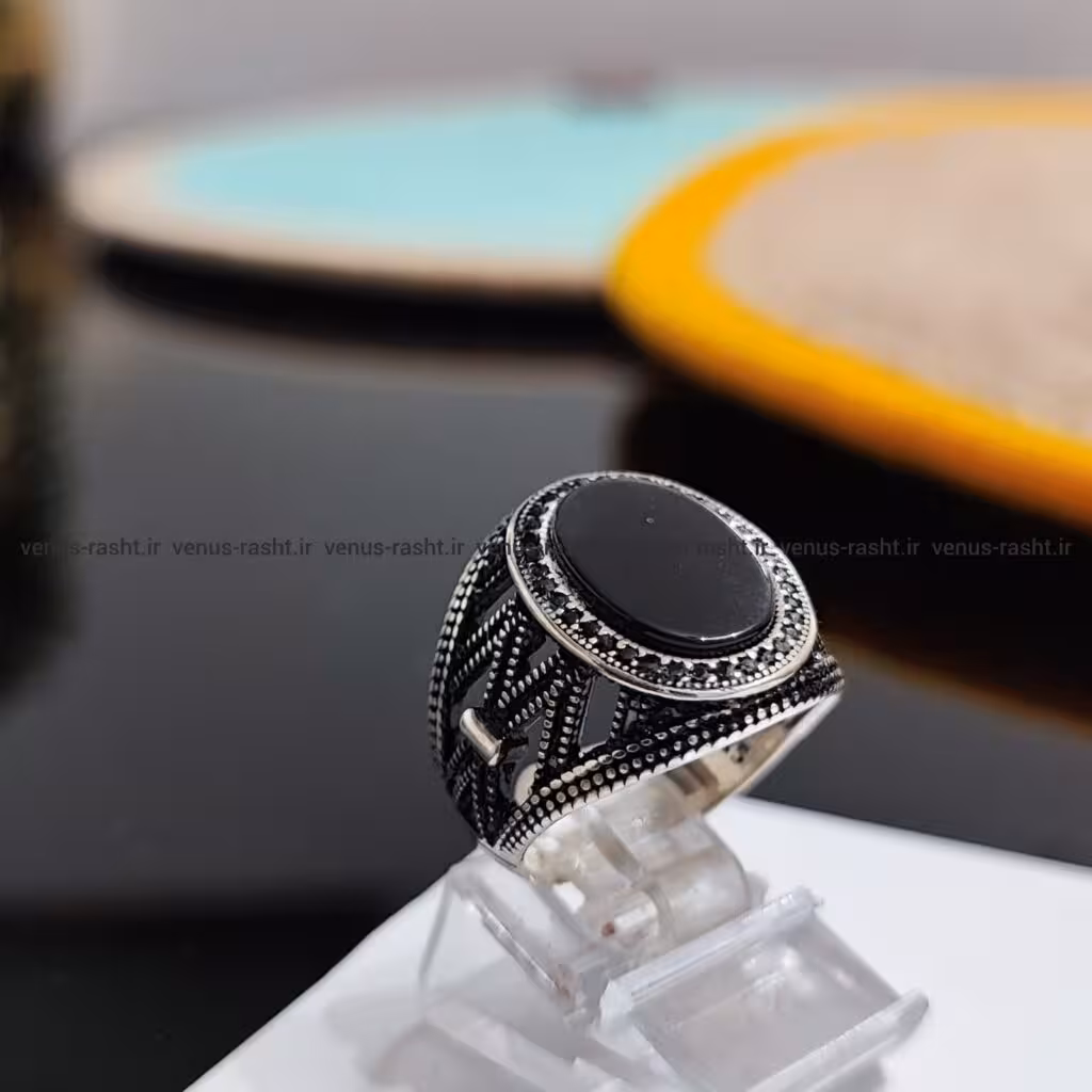 انگشتر نقره مردانه سنگ اونیکس رکاب لوزی