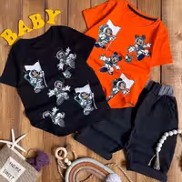 ست تیشرت و شلوارک اسپورت بچگانه شیک و زیبا مناسب 4 تا 11 سال جنس تیشرت نخ پنبه لاکرا جنس شلوارک جین کاغذی 