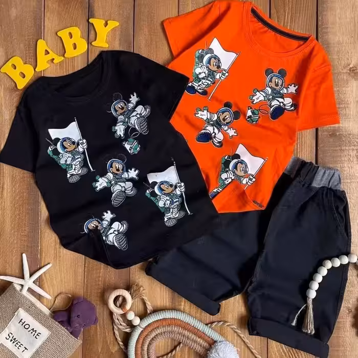 ست تیشرت و شلوارک اسپورت بچگانه شیک و زیبا مناسب 4 تا 11 سال جنس تیشرت نخ پنبه لاکرا جنس شلوارک جین کاغذی 