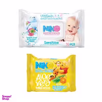 دستمال مرطوب کودک نینو (Nino) مدل Sensitive بسته 70 عددی به همراه دستمال مرطوب کودک نینو مدل Aloevera بسته 20 عددی
