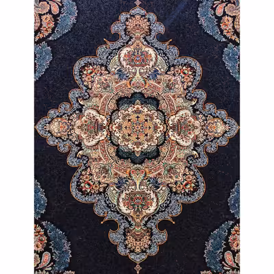 فرش ماشینی زمرد مشهد مدل گلایل زمینه سورمه ای