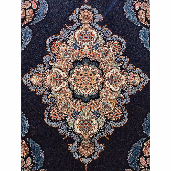 فرش ماشینی زمرد مشهد مدل گلایل زمینه سورمه ای