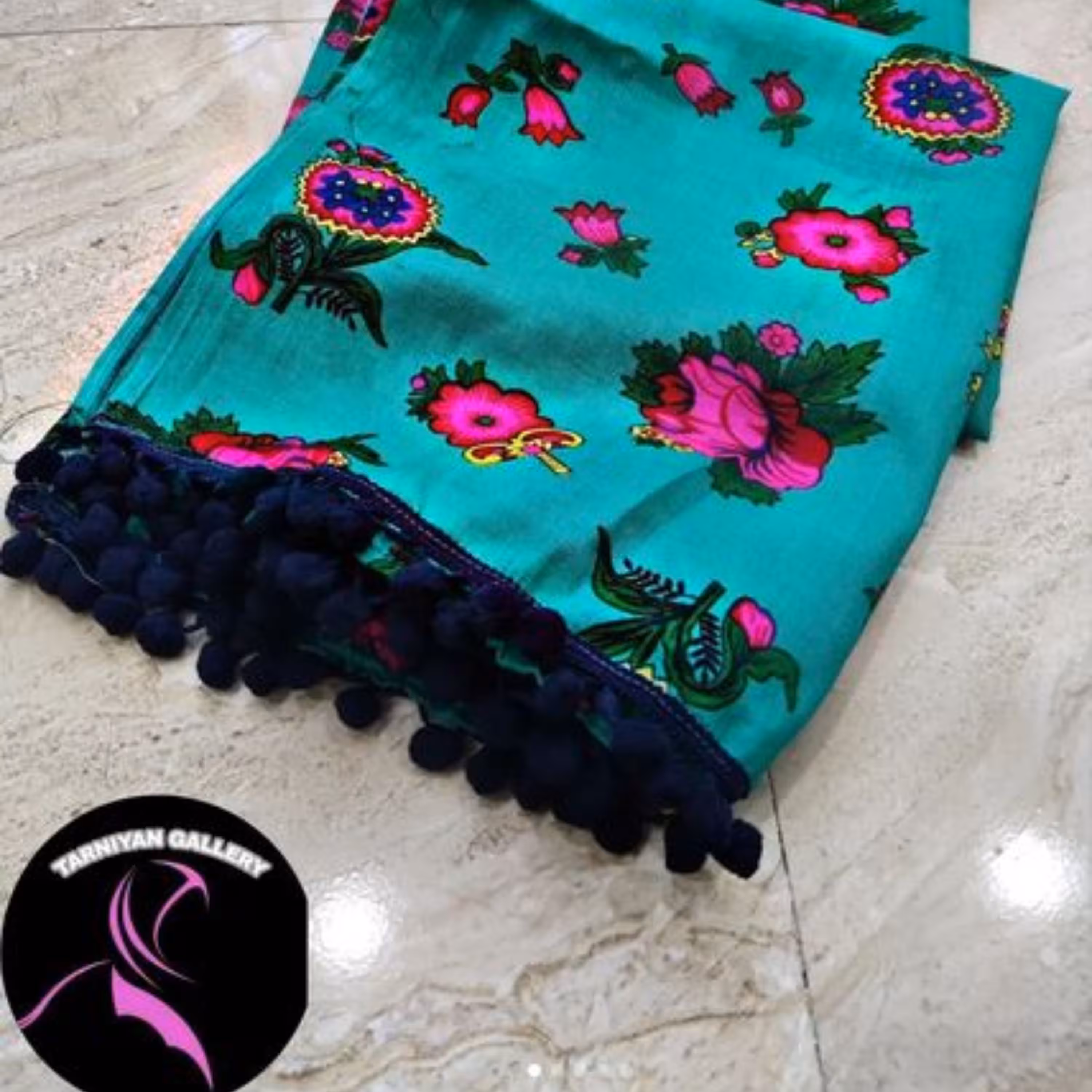 شال نخی موهر پاکستانی اصل پم پم دار رنگ آبی فیروزه  دو عدد ارسال رایگان