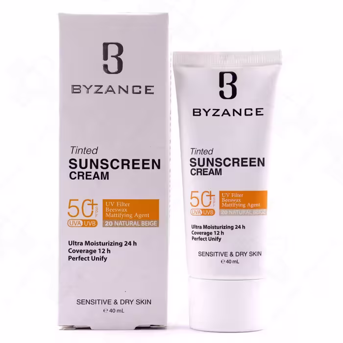 کرم ضد آفتاب  SPF50 بژ طبیعی شماره 20 مناسب پوست خشک و حساس بیزانس 40 میلی لیتر