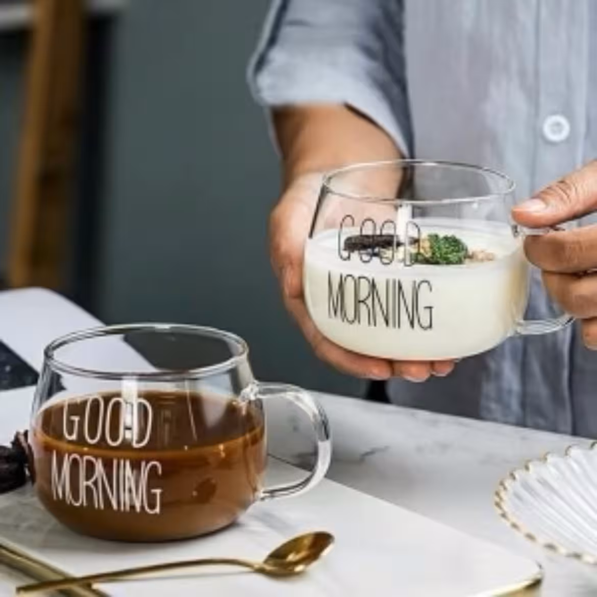 ماگ شیشه ایی طرح good morning