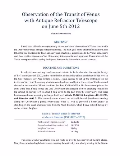خرید و دانلود نسخه کامل کتاب Observation of the Transit of Venus with Antique Refractor Telescope on June 5th 2012