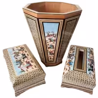 ست جعبه دستمال کاغذی و سطل و جا کاردی خاتم کاری چوگان