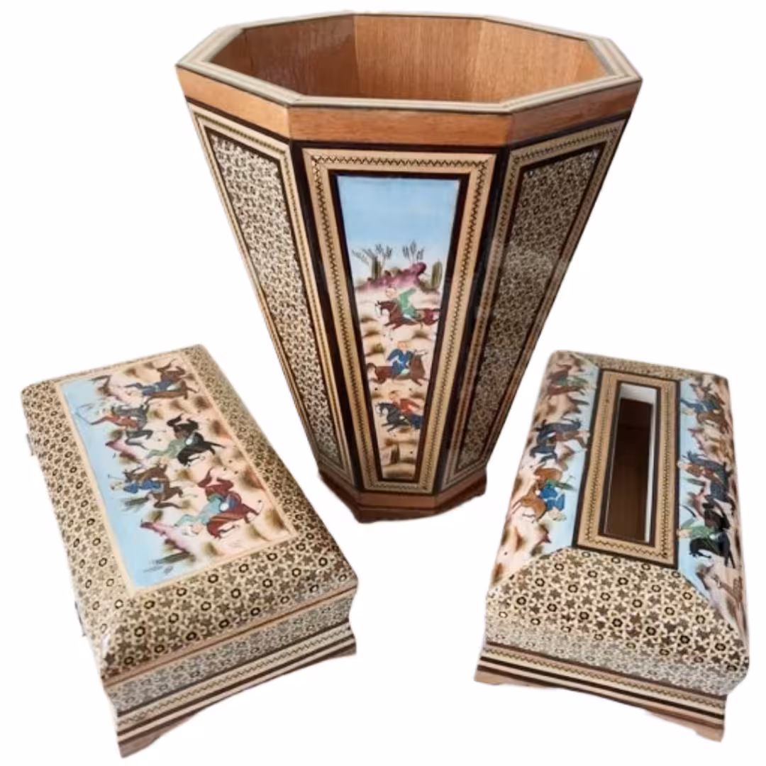 ست جعبه دستمال کاغذی و سطل و جا کاردی خاتم کاری چوگان