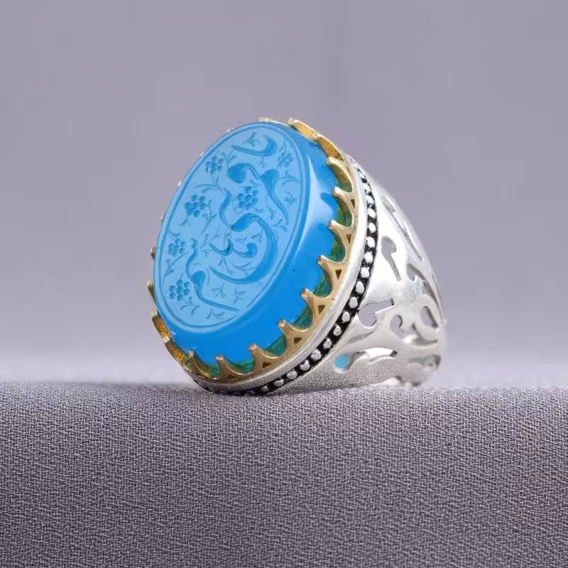 انگشتر عقیق آبی خطی