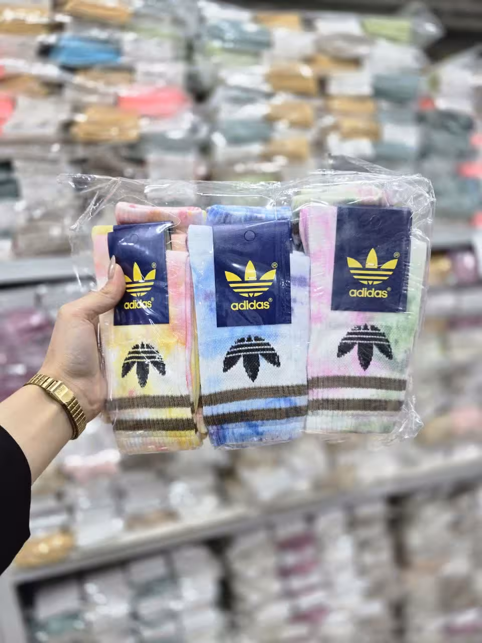 جوراب ساقدار کش انگلیسی اسپرت آبرنگی طرح آدیداس خط دار کد 1807 (12جفتی)