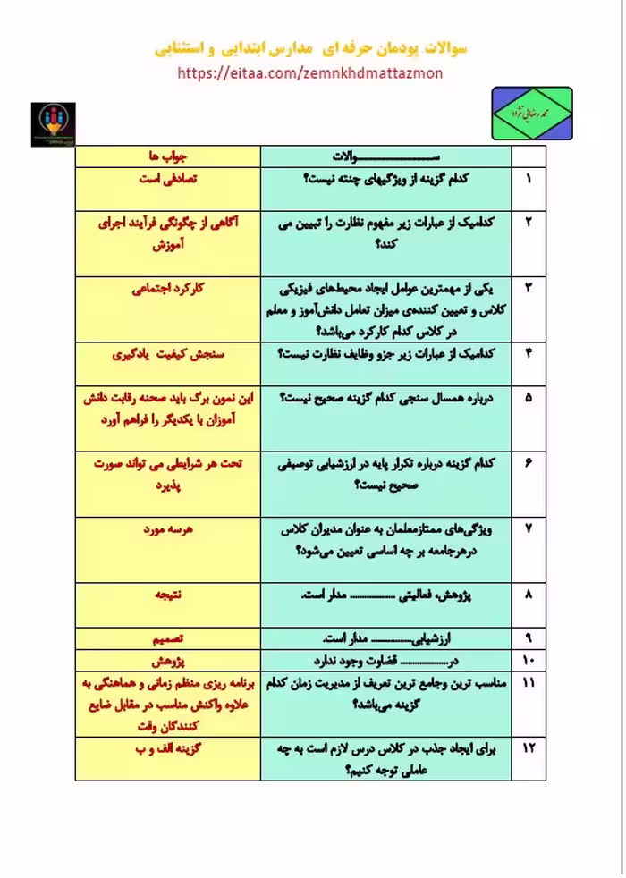 سوالات ویژه پودمان اول مدارس غیر دولتی ویژه معلمان مقطع ابتدایی و مدارس استثنایی