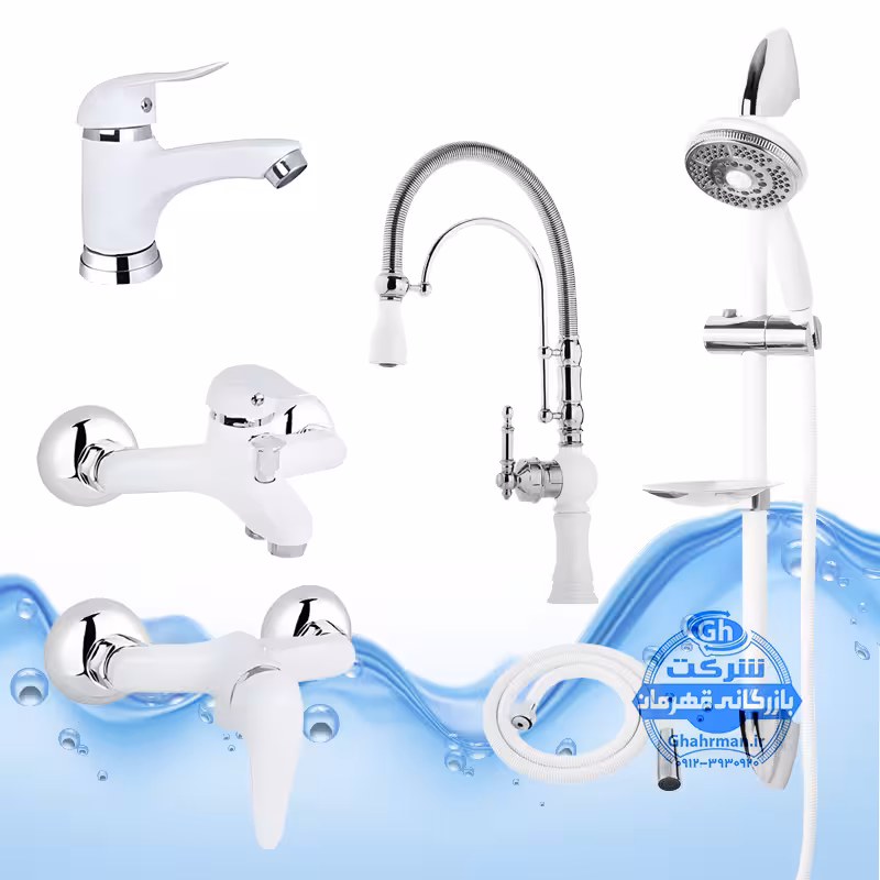 ست 6 عددی شیرآلات برند آیدا صنعت مدل قهرمان | شیر ظرفشویی بیزانس تک‌منظوره شیر روشویی شیر حمام شیر توالت علم دوش یونیکا شلنگ توالت | سفید کروم براق