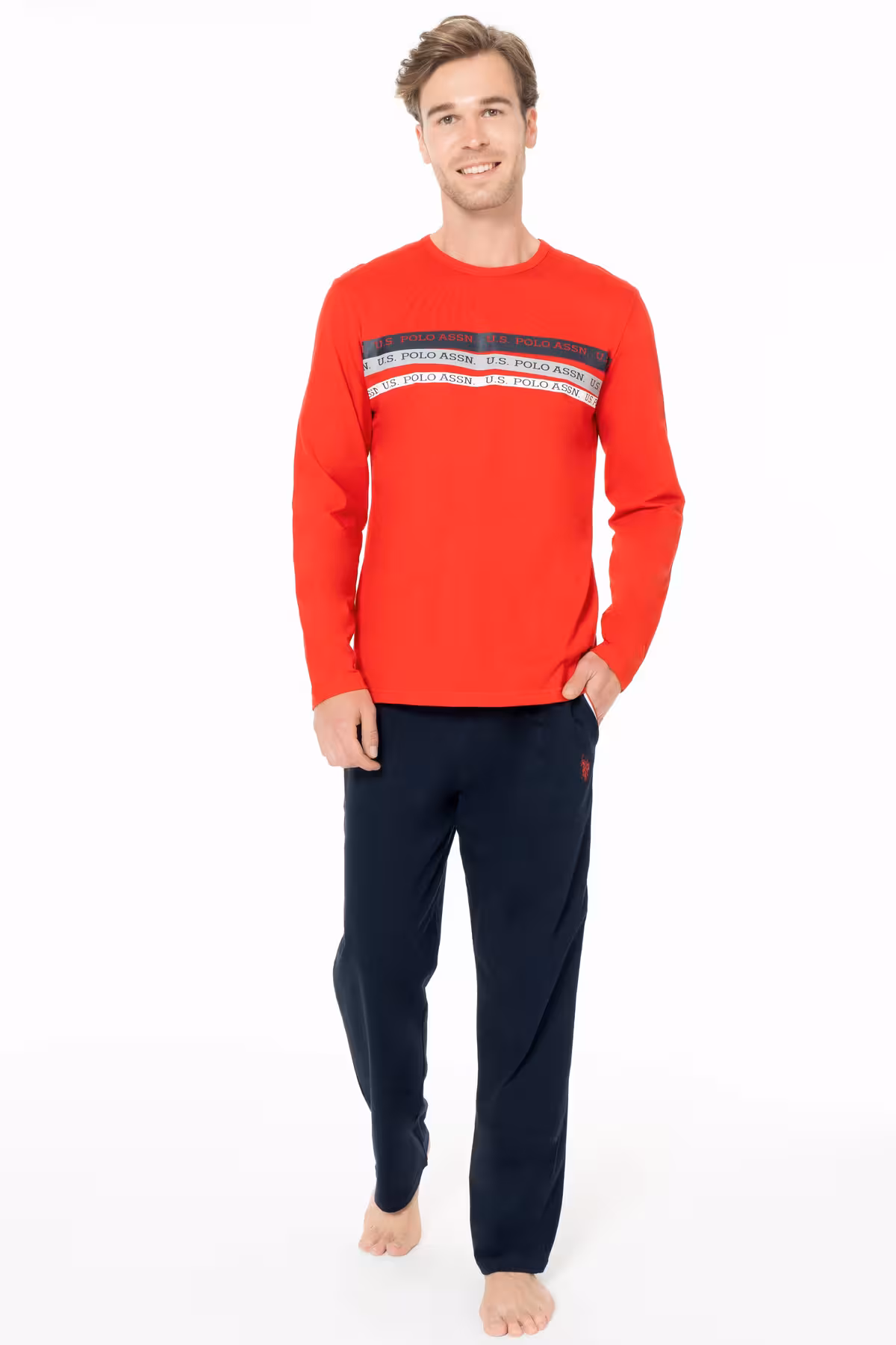 ست پیژامه مردانه مجموعه لباس خواب مردان جیب 100 ٪ پنبه آستین بلند یقه دوچرخه چوگان افقی چاپ شده U.S. Polo Assn.