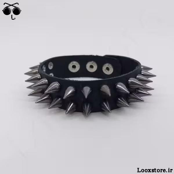 دستبند اسپایک دار چرمی دو ردیفه ریز (فلزی)