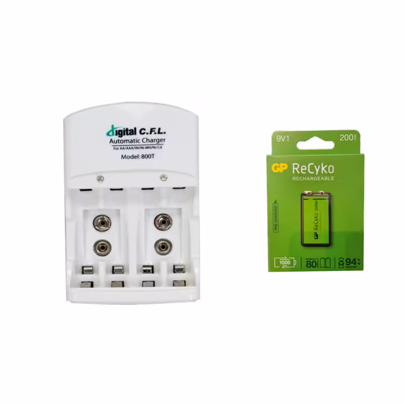 شارژر باتری سی اف ال مدل 800T به همراه باتری کتابی قابل شارژ جی پی 9 ولت 20R8H