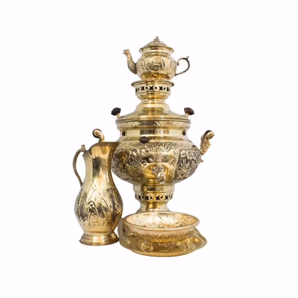 سرویس سماور 8 لیتری قلم زنی زرد ذغالی