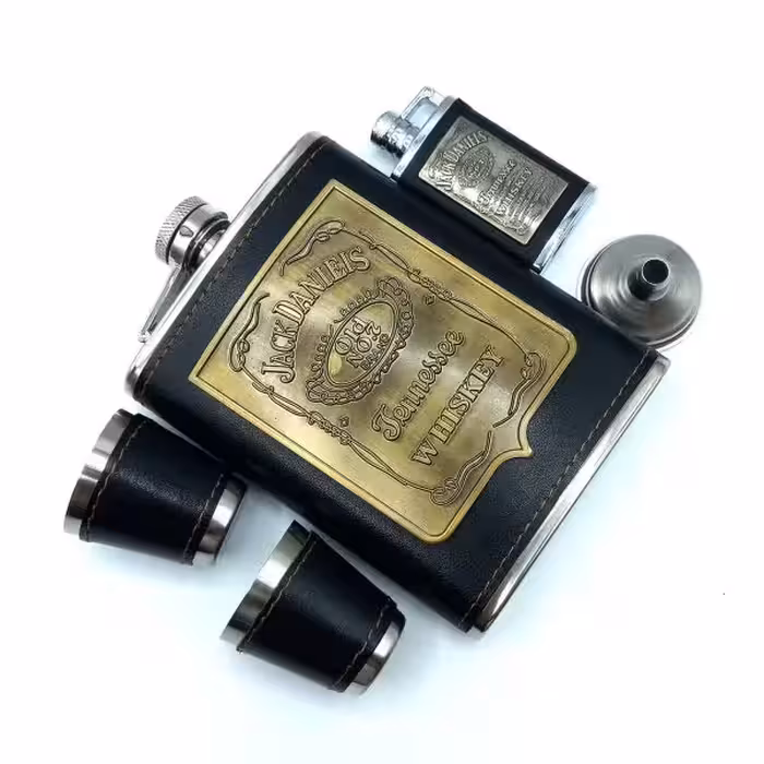 ست قمقمه جیبی استیل 2 شات چرم فندک گازی مدل جک دنیلز کد L540331