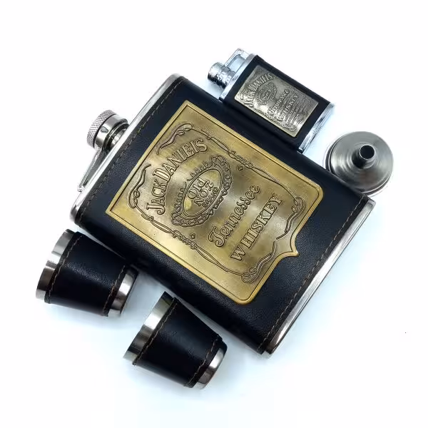 ست قمقمه جیبی استیل 2 شات چرم فندک گازی مدل جک دنیلز کد L540331