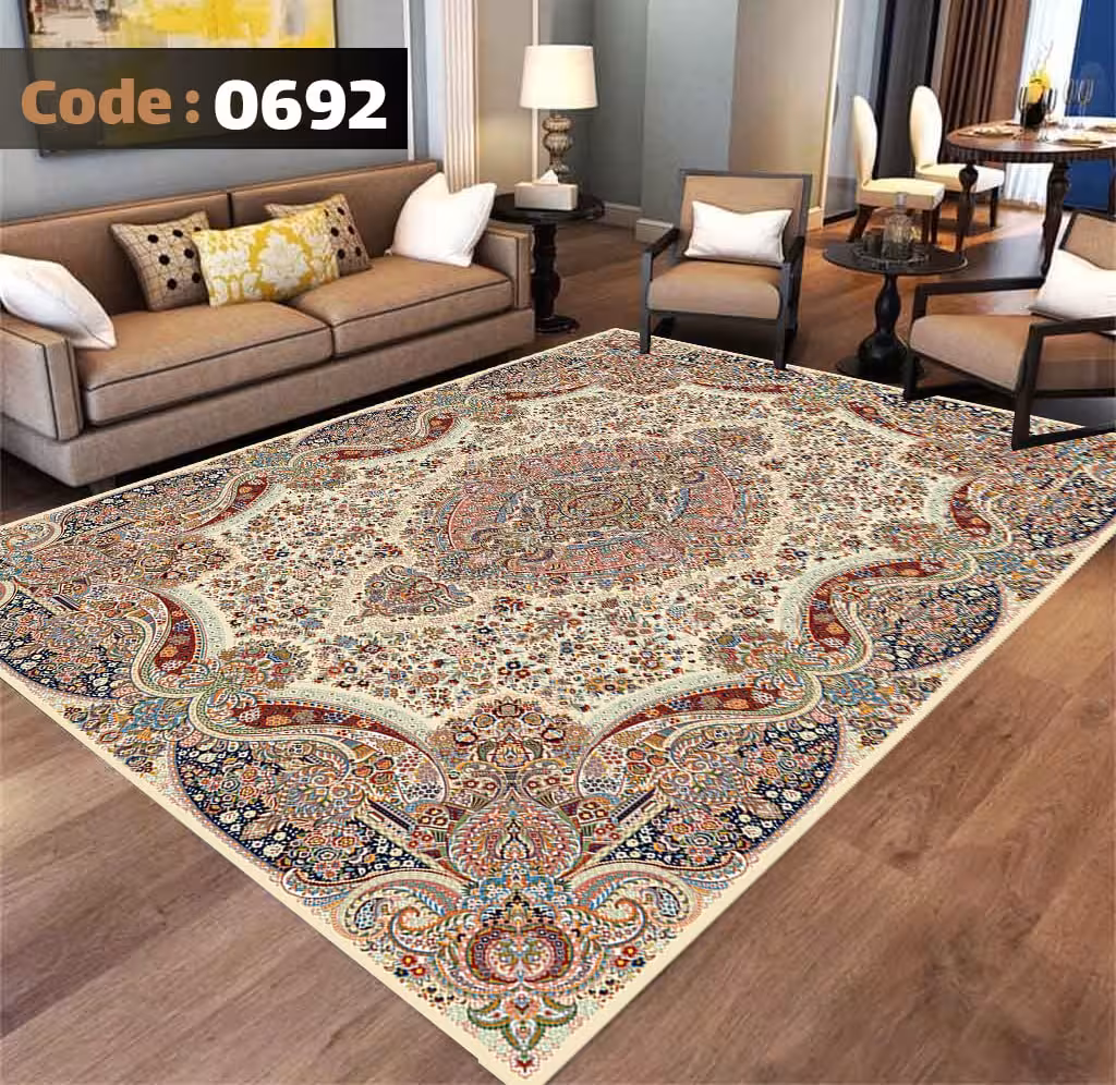 کاورفرش روفرشی دورکشدار گوشه لیفه ای کرم  قهوه ای کد 0692