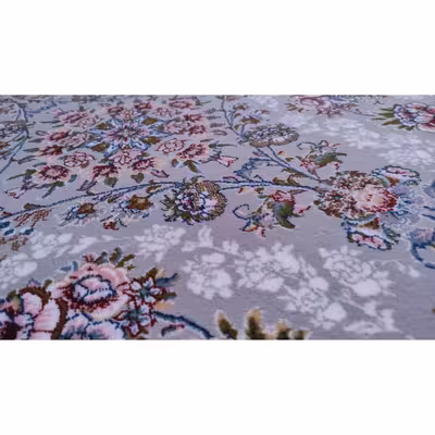  فرش ماشینی زمرد مشهد مدل گل آذین زمینه طوسی