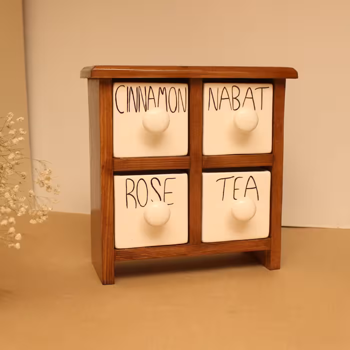 جا ادویه 4 پارچه مدل چوبی و سرامیکی کد Text04