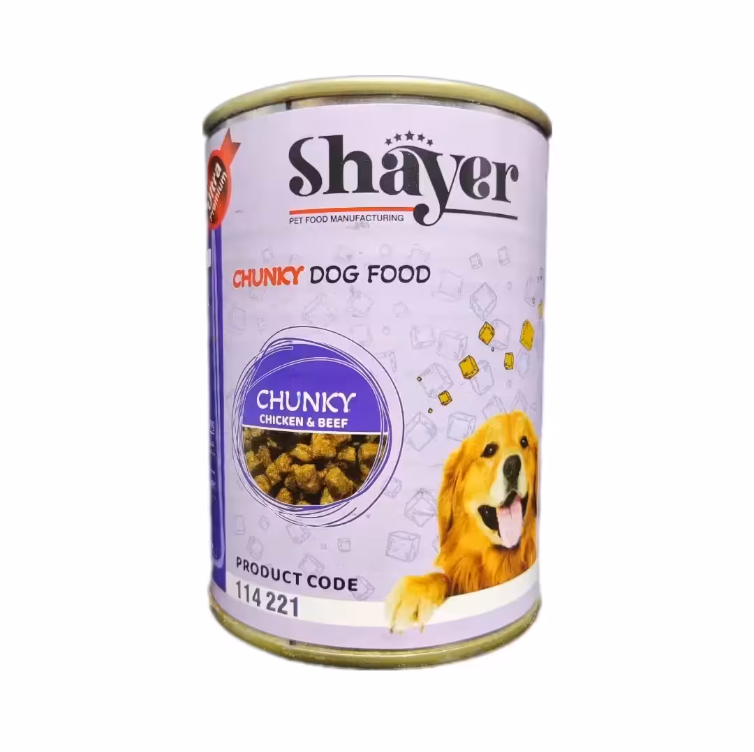 کنسرو سگ طعم چانک مرغ و گوشت با سس کدو حلوایی برند شایر 400 گرمی