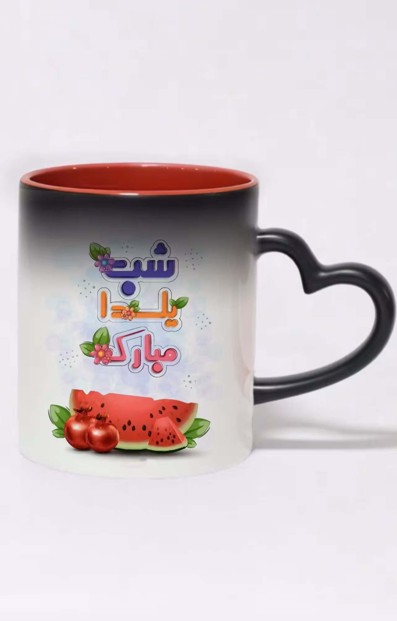 ماگ حرارتی دسته قلبی رنگی طرح شب یلدا مبارک کد 10363