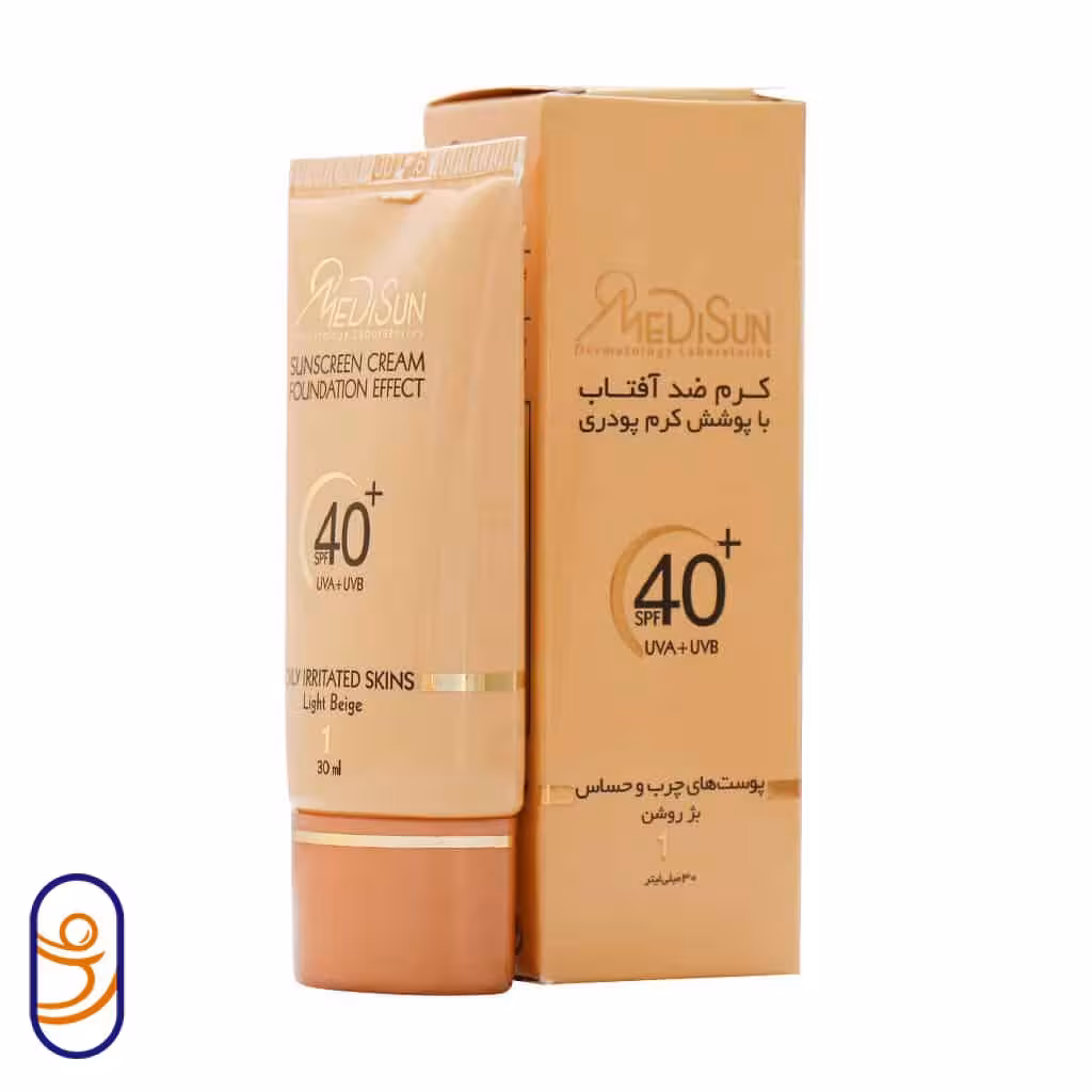 کرم ضدآفتاب با پوشش کرم پودری SPF40 بژ طبیعی مناسب پوست چرب و حساس مدیسان