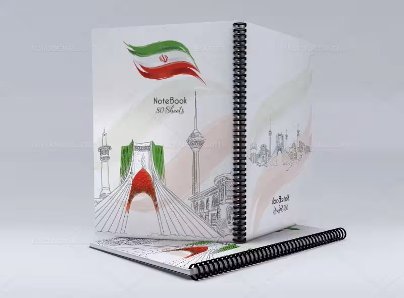 طرح لایه باز جلد دفتر با پرچم ایران | گرافیک با طعم تربچه