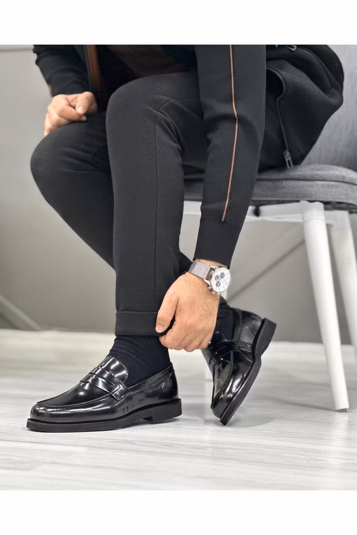 کفش های کژوال مشکی مردانه سیاه و سفید براق 2441 چرم چرمی واقعی روزمره ByItallanoshoes