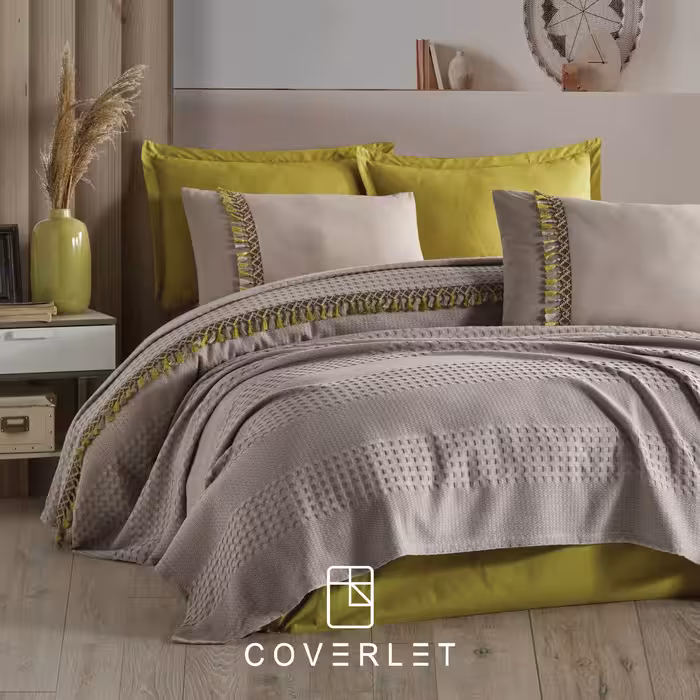 ست پیکه روتختی بژ سبز دونفره مدل Bohemline