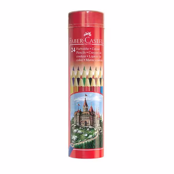 مداد رنگی 24 رنگ کلاسیک جعبه فلزی استوانه ای طرح قلعه فابرکاستل  Faber Castell 24  Colour Pencil