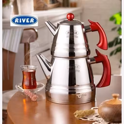 کتری قوری استیل هرمی لوله دار 3 لیتر دسته قرمز ریور RIVER کد 2170